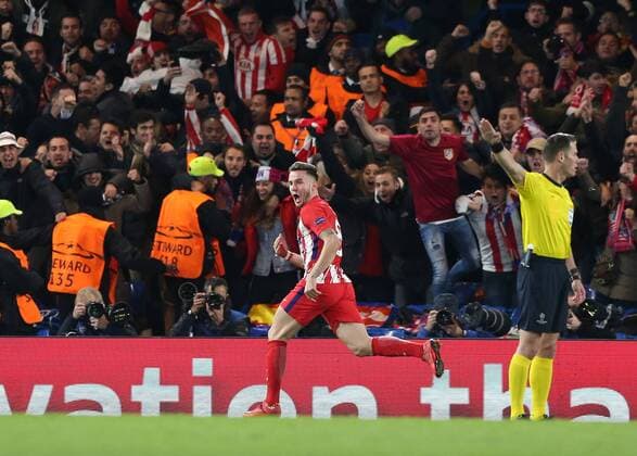 5th December 2017, Stamford Bridge, London, England; UEFA Champions League football, Chelsea versus Atletico Madrid; Saul Niguez of Atletico Madrid celebrates after scoring his sides 1st goal with a header on the back post in the 55th minute to make it 0-1  ActionPlus11959308