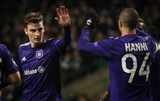 Anderlecht s Pieter Gerkens celebrates during a soccer game between Scottish team Celtic FC and Belgian club RSC Anderlecht, Tuesday 05 December 2017 in Glasgow, Scotland, the sixth and last game in the group stage of the UEFA Champions League competition. VIRGINIExLEFOUR  x05214462x