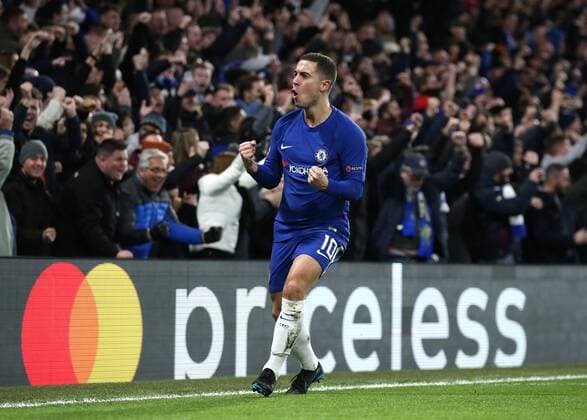 5th December 2017, Stamford Bridge, London, England; UEFA Champions League football, Chelsea versus Atletico Madrid; Eden Hazard of Chelsea celebrates after pressuring Savic into an own goal in the 72nd minute to make it 1-1  ActionPlus11959311