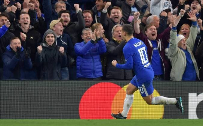 Chelsea v Atletico Madrid UEFA Champions League Eden Hazard of Chelsea celebrates after scoring during the UEFA Champions League match at Stamford Bridge, London Content Not Available For UK Newspapers Copyright: xSimonxDaelx FIL-11053-0031