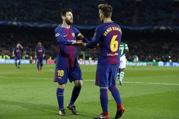 (l-r) Lionel Messi of FC Barcelona Barca Denis Suarez of FC Barcelona during the UEFA Champions League group D match between FC Barcelona and Sporting Club de Portugal on December 05, 2017 at the Camp Nou stadium in Barcelona, Spain. UEFA Champions League 2017 2018 xVIxVIxImagesx xMauricexvanxSteenxIVx 9494792