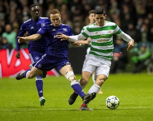 Adrien Trebel of RSC Anderlecht and Tom Rogic of Celtic compete for the ball during the Champions League Group B match at the Celtic Park, Glasgow. Picture date: December 5th 2017. Picture credit should read: Craig Watson Sportimage EDITORIAL USE ONLY. No use with unauthorised audio, video, data, fixture lists, club league logos or live services. Online in-match use limited to 120 images, no video emulation. No use in betting, games or single club league player publications.