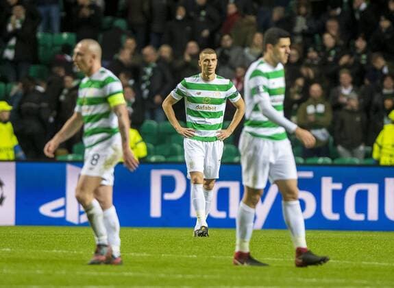 Jozo Simunovic of celtic at full time after the Champions League Group B match at the Celtic Park, Glasgow. Picture date: December 5th 2017. Picture credit should read: Craig Watson Sportimage EDITORIAL USE ONLY. No use with unauthorised audio, video, data, fixture lists, club league logos or live services. Online in-match use limited to 120 images, no video emulation. No use in betting, games or single club league player publications.