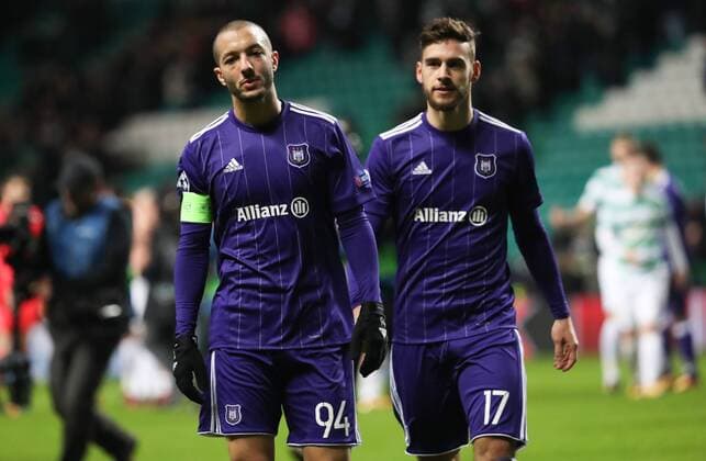 Anderlecht s Sofiane Hanni and Anderlecht s Massimo Bruno look dejected after a soccer game between Scottish team Celtic FC and Belgian club RSC Anderlecht, Tuesday 05 December 2017 in Glasgow, Scotland, the sixth and last game in the group stage of the UEFA Champions League competition. VIRGINIExLEFOUR  x05214526x