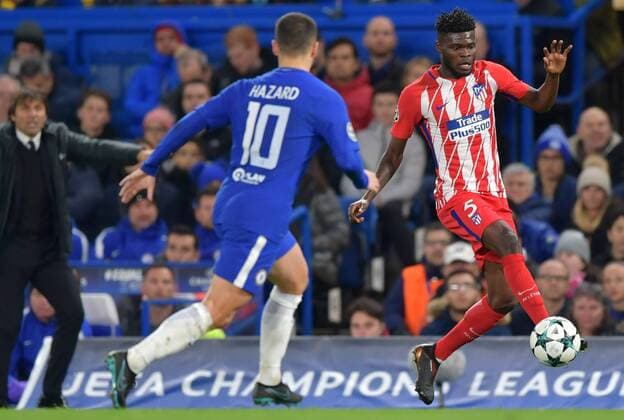 Chelsea v Atletico Madrid UEFA Champions League Eden Hazard of Chelsea and Thomas Partey of Atletico Madrid during the UEFA Champions League match at Stamford Bridge, London Content Not Available For UK Newspapers Copyright: xSimonxDaelx FIL-11053-0050