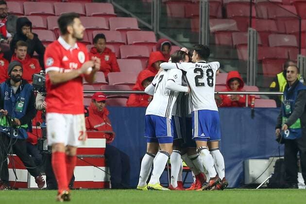 December 5, 2017 - Lisbon, Portugal - Basel s forward Dimitri Oberlin from Suisse celebrates with teammates after scoring during the UEFA Champions League Group A football match between SL Benfica and FC Basel at the Luz stadium in Lisbon, Portugal on December 5, 2017. SL Benfica v FC Basel - UEFA Champions League  - ZUMAn230 20171205_zaa_n230_405 Copyright: xPedroxFiuzax