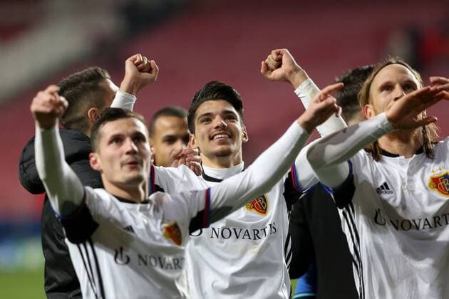 December 5, 2017 - Lisbon, Portugal - Basel s players celebrate the victory after the UEFA Champions League Group A football match between SL Benfica and FC Basel at the Luz stadium in Lisbon, Portugal on December 5, 2017. SL Benfica v FC Basel - UEFA Champions League  - ZUMAn230 20171205_zaa_n230_412 Copyright: xPedroxFiuzax