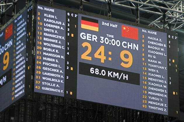 Bilder des Tages - SPORT Handball-Weltmeisterschaft der Frauen 2017; Vorrunde Gruppe D; Deutschland - China (06.12.2017). Der Endstand auf einer Anzeigetafel: 24:9. Leipzig Sachsen Deutschland