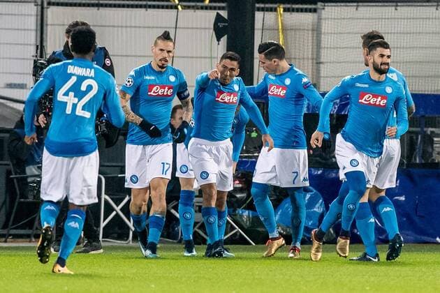 ROTTERDAM - Feyenoord - Napoli , Voetbal , Seizoen 2017 2018 , Champions League , Stadion Feijenoord de Kuip , 06-12-2017 , Spelers van Napoli vieren de 0-1 Feyenoord - Napoli  x1848215x