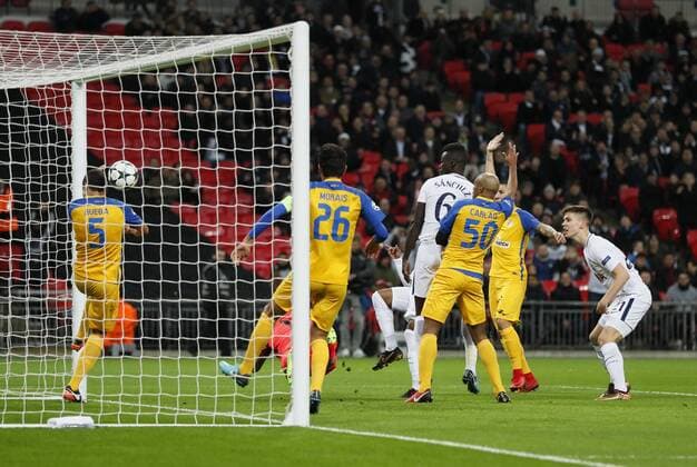 Juan Foyth of Tottenham has a header cleared off the line during the Champions League Group H match at Wembley Stadium, London. Picture date: December 6th 2017. Picture credit should read: David Klein Sportimage EDITORIAL USE ONLY. No use with unauthorised audio, video, data, fixture lists, club league logos or live services. Online in-match use limited to 120 images, no video emulation. No use in betting, games or single club league player publications.