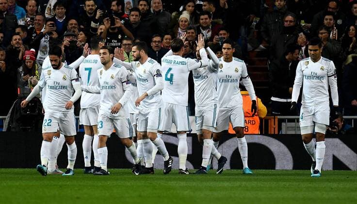 06.12.2017, xfux, Fussball Champions League, Real Madrid - Borussia Dortmund, emspor, v.l. Borja Mayoral (Real Madrid) und Spieler Real Madrid Torjubel, Goal celebration, celebrate the goal zum 1:0 Madrid