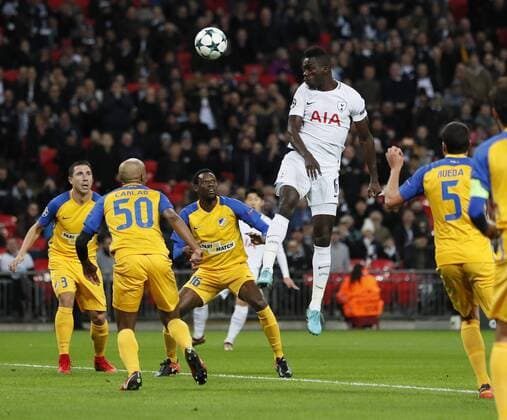 Georges-Kevin Nkoudou of Tottenham directs a header towards goal during the Champions League Group H match at Wembley Stadium, London. Picture date: December 6th 2017. Picture credit should read: David Klein Sportimage EDITORIAL USE ONLY. No use with unauthorised audio, video, data, fixture lists, club league logos or live services. Online in-match use limited to 120 images, no video emulation. No use in betting, games or single club league player publications.
