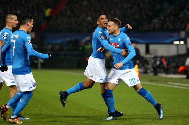(l-r) Marek Hamsik of SSC Napoli, Jose Callejon of SSC Napoli, Allan Marques Loureiro of SSC Napoli, Piotr Zielinski of SSC Napoli during the UEFA Champions League group F match between Feyenoord Rotterdam and SSC Napoli at the Kuip on December 06, 2017 in Rotterdam, The Netherlands UEFA Champions League 2017 2018 xVIxVIxImagesx xTomxBodexMultimediaxIVx 9501536