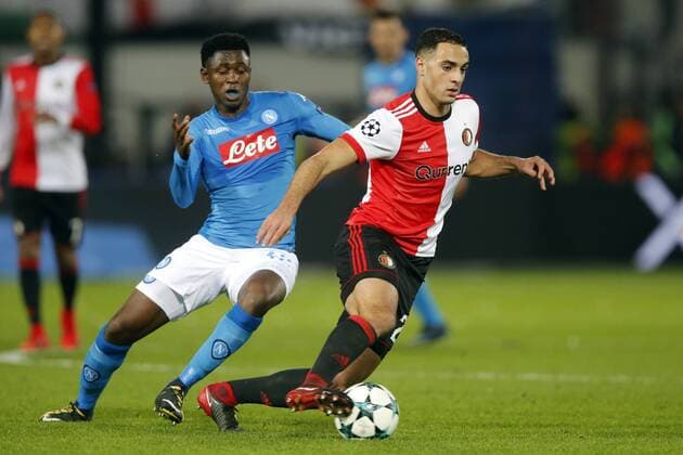 (l-r) Amadou Diawara of SSC Napoli, Sofyan Amrabat of Feyenoord during the UEFA Champions League group F match between Feyenoord Rotterdam and SSC Napoli at the Kuip on December 06, 2017 in Rotterdam, The Netherlands UEFA Champions League 2017 2018 xVIxVIxImagesx xTomxBodexMultimediaxIVx 9501652