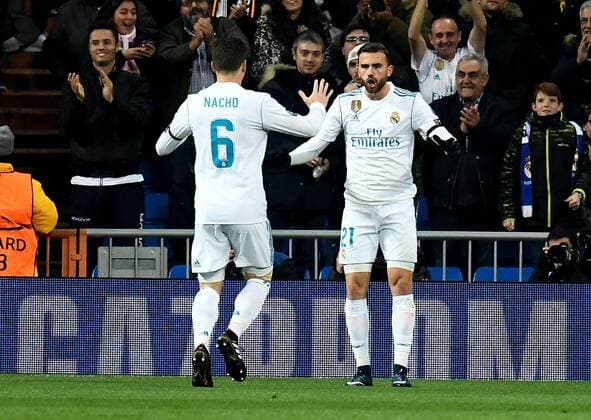 06.12.2017, xfux, Fussball Champions League, Real Madrid - Borussia Dortmund, emspor, v.l. Nacho (Real Madrid), Borja Mayoral (Real Madrid) Torjubel, Goal celebration, celebrate the goal zum 1:0 Madrid