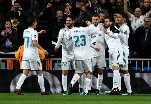 06.12.2017, xfux, Fussball Champions League, Real Madrid - Borussia Dortmund, emspor, v.l. Borja Mayoral (Real Madrid) und Spieler Real Madrid Torjubel, Goal celebration, celebrate the goal zum 1:0 Madrid