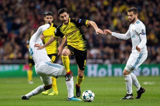 Borussia Dortmund s midfielder Nuri Sahin (L) vies for the ball with Real Madrid s Nacho Fernandez (R) during the UEFA Champions League 6th round groups phase match between Real Madrid and Borja Mayoral at the Santiago Berbabeu stadium in Madrid, Spain, 06 December 2017. Real Madrid vs. Borussia Dortmund !ACHTUNG: NUR REDAKTIONELLE NUTZUNG!  Copyright: xRodrigoxJimenezx MAD022 20171206-636481927485728923