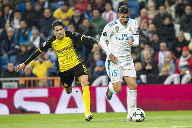 Fußball: Champions League, Saison 2017 2018, Gruppenphase, Gruppe H, Real Madrid - Borussia Dortmund am 06.12.2017 im Estadio Santiago Bernabeu in Madrid (Spanien). Dortmunds Marc Bartra (l.) und Madrids Theo Hernandez kämpfen um den Ball. Copyright: xKirchner DavidxInderliedx