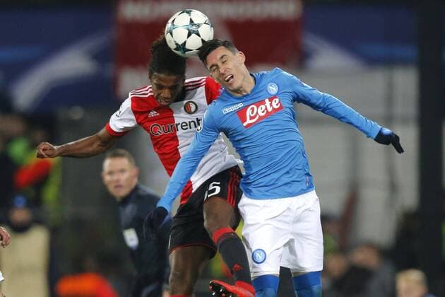 (l-r) Tyrell Malacia of Feyenoord, Jose Callejon of SSC Napoli during the UEFA Champions League group F match between Feyenoord Rotterdam and SSC Napoli at the Kuip on December 06, 2017 in Rotterdam, The Netherlands UEFA Champions League 2017 2018 xVIxVIxImagesx xTomxBodexMultimediaxIVx 9502641