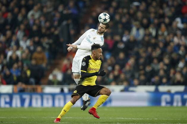 (L-R) Nacho of Real Madrid, Pierre-Emerick Aubameyang of Borussia Dortmund during the UEFA Champions League group H match between Real Madrid and Borussia Dortmund on December 06, 2017 at the Santiago Bernabeu stadium in Madrid, Spain. UEFA Champions League 2017 2018 xVIxVIxImagesx xMauricexvanxSteenxIVx 9502687