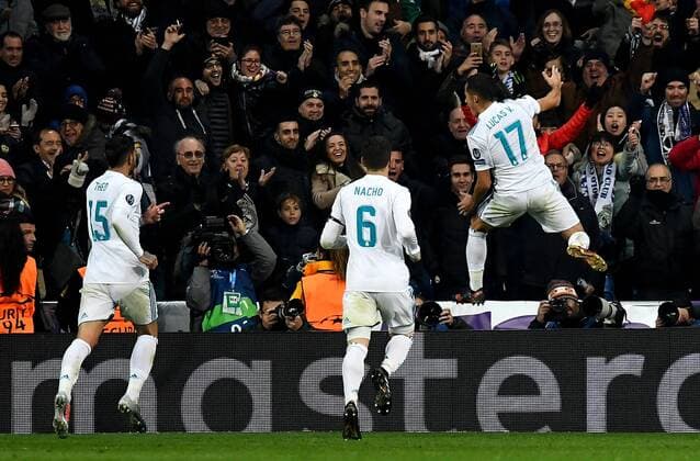 Bilder des Tages - SPORT 06.12.2017, xfux, Fussball Champions League, Real Madrid - Borussia Dortmund, emspor, v.l. Theo Hernandez (Real Madrid), Nacho (Real Madrid), Lucas Vazquez (Real Madrid) Torjubel, Goal celebration, celebrate the goal zum 3:2 Madrid