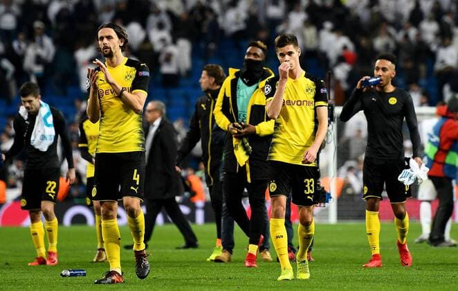 06.12.2017, xfux, Fussball Champions League, Real Madrid - Borussia Dortmund, emspor, v.l. Neven Subotic (Borussia Dortmund), Julian Weigl (Borussia Dortmund) enttaeuscht, enttaeuscht schauend, dissapointed Madrid
