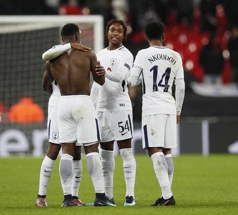 Kazaiah Sterling of Tottenham and Georges-Kevin Nkoudou of Tottenham during the Champions League Group H match at Wembley Stadium, London. Picture date: December 6th 2017. Picture credit should read: David Klein Sportimage EDITORIAL USE ONLY. No use with unauthorised audio, video, data, fixture lists, club league logos or live services. Online in-match use limited to 120 images, no video emulation. No use in betting, games or single club league player publications.