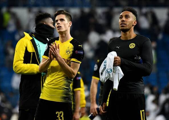 06.12.2017, xfux, Fussball Champions League, Real Madrid - Borussia Dortmund, emspor, v.l. Julian Weigl (Borussia Dortmund), Pierre-Emerick Aubameyang (Borussia Dortmund) enttaeuscht, enttaeuscht schauend, dissapointed Madrid