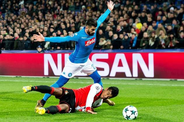 (L-R) Elseid Hysaj of SSC Napoli, Renato Tapia of Feyenoord during the UEFA Champions League group F match between Feyenoord Rotterdam and SSC Napoli at the Kuip on December 06, 2017 in Rotterdam, The Netherlands UEFA Champions League 2017 2018 xVIxVIxImagesx xGerritxvanxKeulenxIVx 9503842