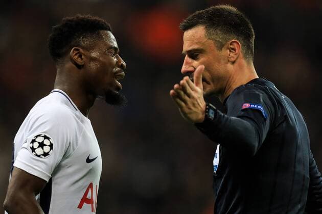 6th December 2017, Wembley Stadium, London England; UEFA Champions League football, Tottenham Hotspur versus Apoel Nicosia; Referee Slavko Vincic speaks with Serge Aurier of Tottenham Hotspur  ActionPlus11959650