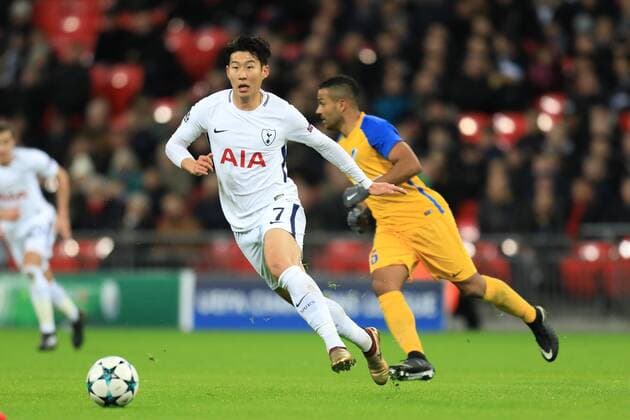 6th December 2017, Wembley Stadium, London England; UEFA Champions League football, Tottenham Hotspur versus Apoel Nicosia; Son Heung-Min of Tottenham Hotspur turns away from Jes& xfa;s Rueda of Apoel FC  ActionPlus11959665
