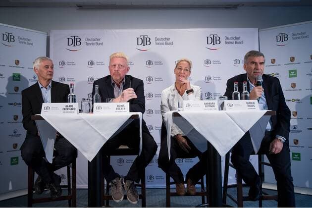 HAMBURG, Germany - DECEMBER 07: (L-R) Klaus Eberhard, Boris Becker, Barbara Rittner and DTB President Ulrich Klaus attends the Deutscher Tennis Bund (DTB) press conference PK Pressekonferenz on December, 2017 in Hamburg,Germany.