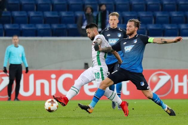 v.li.: Wanderson Cristaldo Firias (Rasgrad, 88), Eugen Polanski (Hoffenheim, 8), Zweikampf, Duell, duel, tackle, tackling, Dynamik, Action, Aktion, Fussball, UEFA Europa League, TSG 1899 Hoffenheim - PFK Ludogorez Rasgrad 1945,