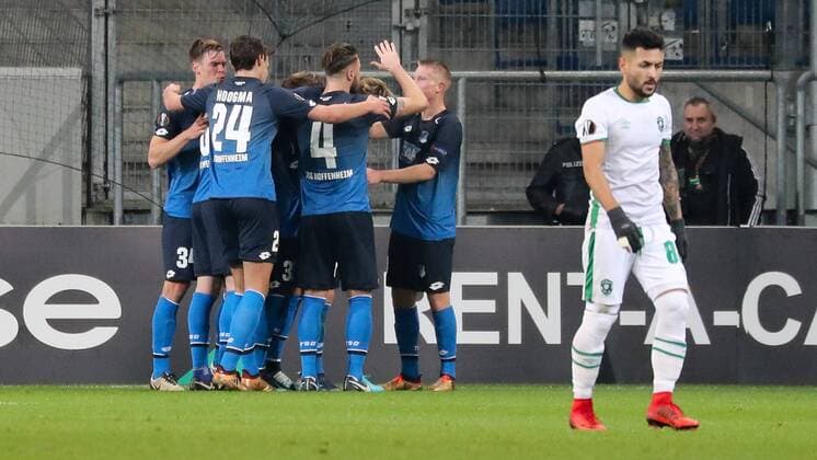 Spieler der TSG 1899 Hoffenheim, jubeln über das Tor zum 1:0, Jubel, Torjubel, Torerfolg, celebrate the goal, goal, celebration, Jubel ueber das Tor, optimistisch, Action, Aktion, Fussball, UEFA Europa League, TSG 1899 Hoffenheim - PFK Ludogorez Rasgrad 1945,