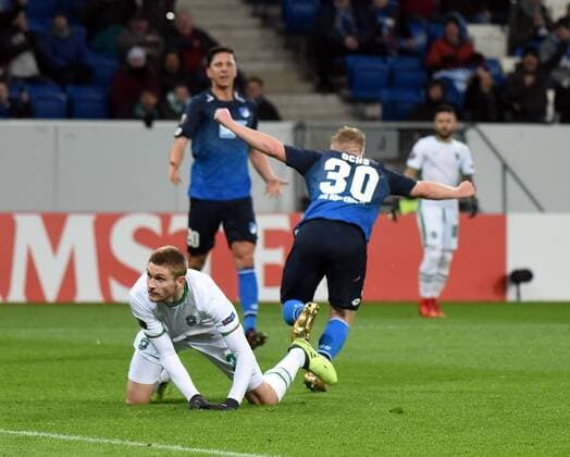 07.12.2017, xhbx, Fussball Europa League, TSG 1899 Hoffenheim - Rasgrad, emspor, v.l. Torjubel, Goal celebration, celebrate the goal 1:0 Igor Plastun (Ludogorets Rasgrad), Philipp Ochs (TSG 1899 Hoffenheim) Sinsheim