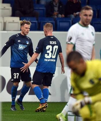 07.12.2017, xhbx, Fussball Europa League, TSG 1899 Hoffenheim - Rasgrad, emspor, v.l. Torjubel, Goal celebration, celebrate the goal 1:0 Robin Hack (TSG 1899 Hoffenheim) , Philipp Ochs (TSG 1899 Hoffenheim) Sinsheim