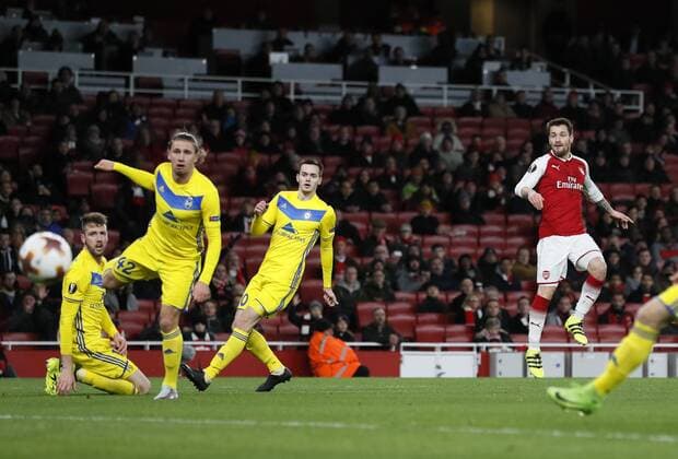 Arsenal s Mathieu Debuchy scoring his sides opening goal during the Europa League Group H match at The Emirates Stadium, London. Picture date: December 7th 2017. Picture credit should read: David Klein Sportimage EDITORIAL USE ONLY. No use with unauthorised audio, video, data, fixture lists, club league logos or live services. Online in-match use limited to 120 images, no video emulation. No use in betting, games or single club league player publications.