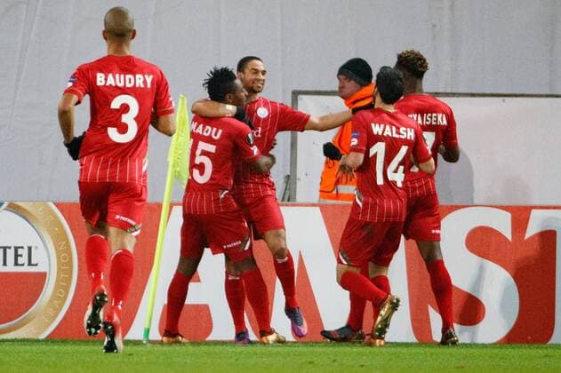 Essevee s Nill De Pauw celebrates after scoring during a soccer game between Belgian club SV Zulte Waregem and Italian club Societa Sportiva Lazio, the sixth and last match of the group stage (Group K) of the UEFA Europa League competition, Thursday 07 December 2017 in Waregem. KURTxDESPLENTER  x05215154x