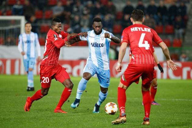 Essevee s Idrissa Doumbia and Lazio s Felipe Caicedo fight for the ball during a soccer game between Belgian club SV Zulte Waregem and Italian club Societa Sportiva Lazio, the sixth and last match of the group stage (Group K) of the UEFA Europa League competition, Thursday 07 December 2017 in Waregem. KURTxDESPLENTER  x05215162x