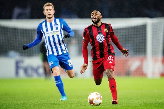 Fußball, EL, Hertha BSC - Östersunds FK 171207 Östersunds Fouad Bachirou reagerar under fotbollsmatchen i Europa League mellan Hertha Berlin och Östersund den 7 december 2017 i Berlin. Copyright: PETTERxARVIDSON BB171207PA056