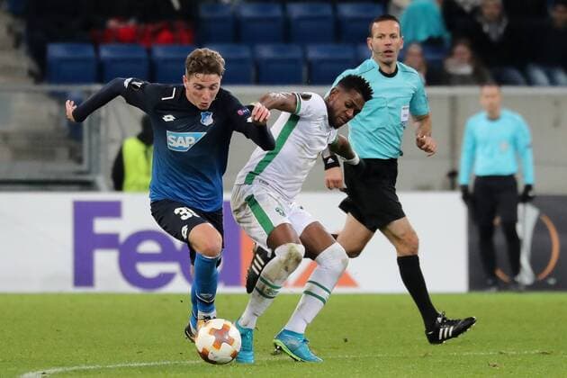 v.li.: Meris Skenderovic (Hoffenheim, 35), Virgil Misidjan (Rasgrad, 93), Zweikampf, Duell, duel, tackle, tackling, Dynamik, Action, Aktion, Fussball, UEFA Europa League, TSG 1899 Hoffenheim - PFK Ludogorez Rasgrad 1945,