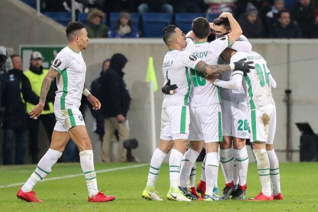 Spieler von PFK Ludogorez Rasgrad jubeln über das Tor zum 1:1, Jubel, Torjubel, Torerfolg, celebrate the goal, goal, celebration, Jubel ueber das Tor, optimistisch, Action, Aktion, Fussball, UEFA Europa League, TSG 1899 Hoffenheim - PFK Ludogorez Rasgrad 1945,