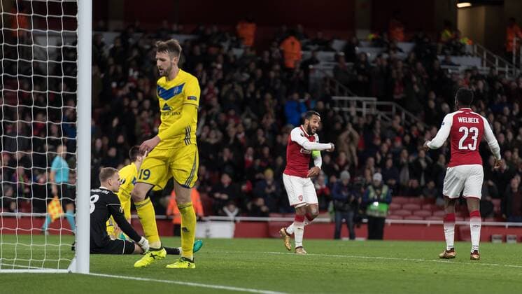 Football - UEFA 2017 2018 Europa League - Group H: Arsenal vs. FC BATE Borisov Theo Walcott (Arsenal FC) celebrates scoring his team second goal at The Emirates. COLORSPORT DANIEL BEARHAM  csp_ars_bat_071217_