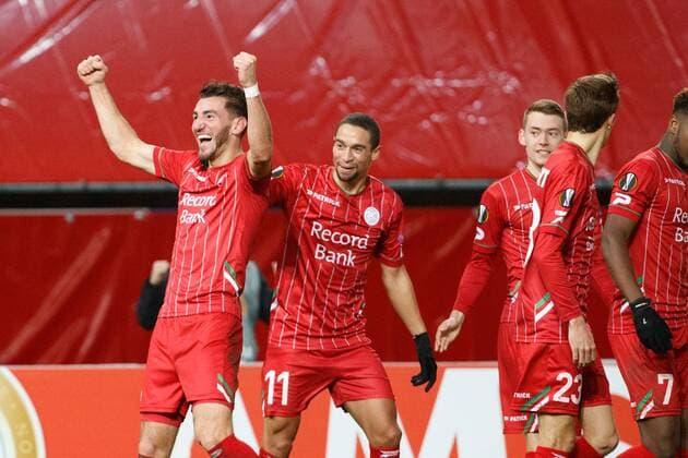 Essevee s Michael Heylen celebrates after scoring during a soccer game between Belgian club SV Zulte Waregem and Italian club Societa Sportiva Lazio, the sixth and last match of the group stage (Group K) of the UEFA Europa League competition, Thursday 07 December 2017 in Waregem. KURTxDESPLENTER  x05215217x