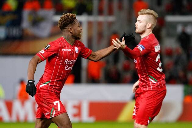 Essevee s Aaron Leya Iseka celebrates after scoring during a soccer game between Belgian club SV Zulte Waregem and Italian club Societa Sportiva Lazio, the sixth and last match of the group stage (Group K) of the UEFA Europa League competition, Thursday 07 December 2017 in Waregem. KURTxDESPLENTER  x05215262x
