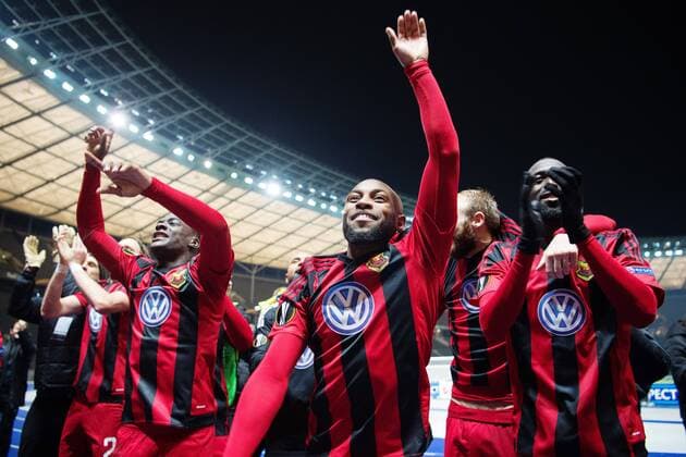 Fußball, EL, Hertha BSC - Östersunds FK 171207 Östersunds Fouad Bachirou jublar efter fotbollsmatchen i Europa League mellan Hertha Berlin och Östersund den 7 december 2017 i Berlin. Copyright: PETTERxARVIDSON BB171207PA092