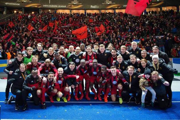 171207 Östersunds spelare jublar efter fotbollsmatchen i Europa League mellan Hertha Berlin och Östersund den 7 december 2017 i Berlin. Copyright: PETTERxARVIDSON BB171207PA102