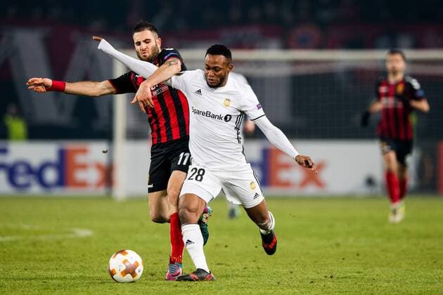 171207 Tigran Barseghyan of FK Vardar and Samuel Adegbenro of Rosenborg during the Europa League match between FK Vardar and Rosenborg on December 7, 2017 in Skopje. Photo: Jon Olav Nesvold BILDBYRN kod JE 160096 Copyright: JONxOLAVxNESVOLD BB171207ZE015