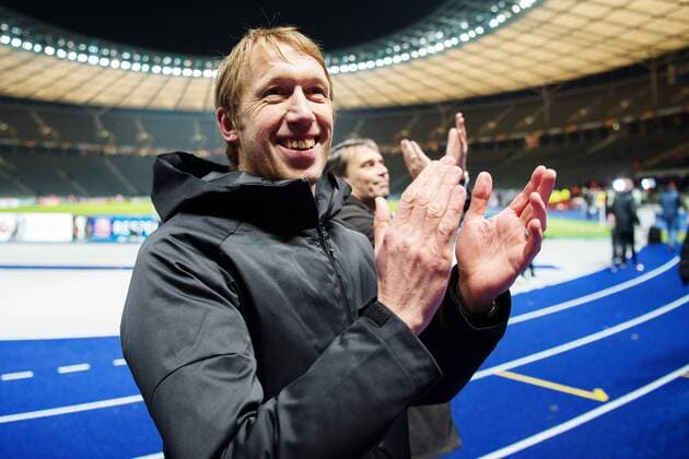 171207 Östersunds tränare Graham Potter jublar efter fotbollsmatchen i Europa League mellan Hertha Berlin och Östersund den 7 december 2017 i Berlin. Copyright: PETTERxARVIDSON BB171207PA121