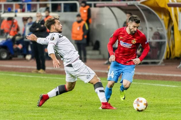 December 8, 2017: Davide Mariani 8 (FC Lugano) and Gabriel Enache 44 (FCSB Bucharest) during the UEFA Europa League 2017-2018, Group Stage, Groupe G game between FCSB Bucharest (ROU) and FC Lugano (CHE) at National Arena Stadium, Bucharest, Romania ROU.  Copyright: xCronos CatalinxSoarex cronoscs8122017115023
